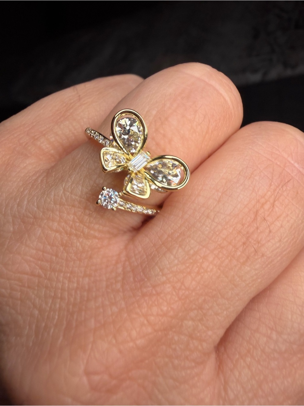 1.43 CTW Moissanite Butterfly Bypass Ring – VVS D – Gold Filled – Size 6